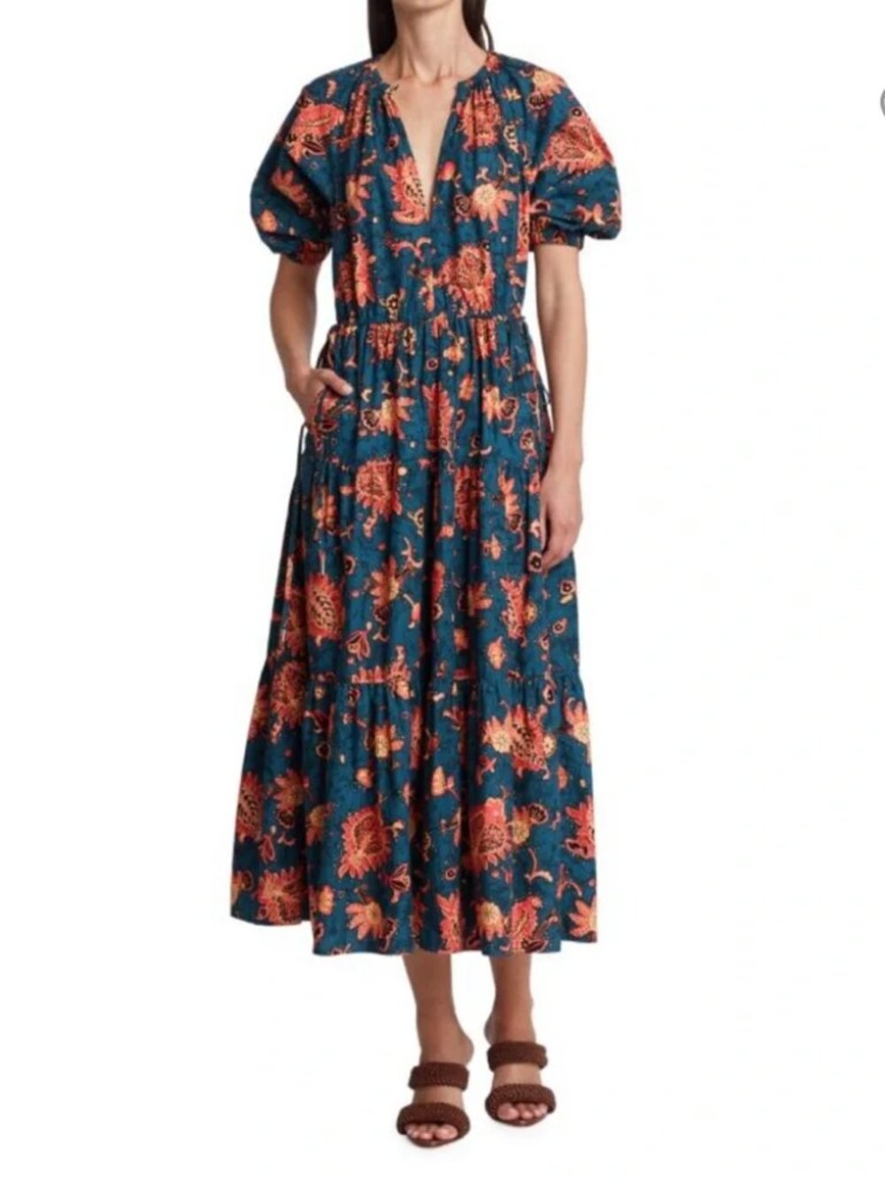 A.L.C. Mischa Dress Blue Fall Floral Midi Cinched Waist Tiered Skirt Cotton $495